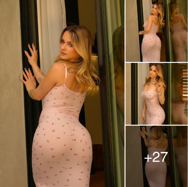 Kaitlyn Krems flaunts her stunning physique in a form-fitting nightgown with two straps.